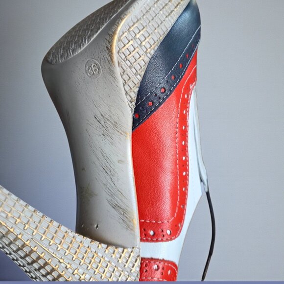 NWOT PERA DONNA ( 7.5 ) Red/White/Blue Gold Detail Lace Up Distressed Heels - Picture 9 of 10